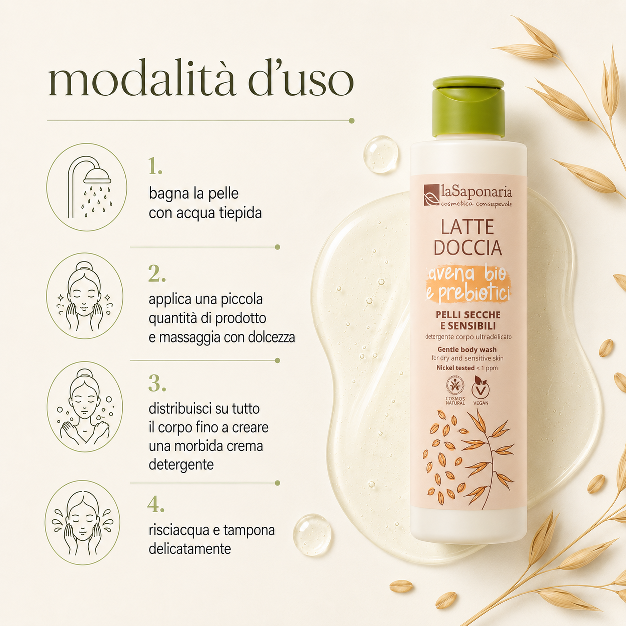La Saponaria – Latte Doccia per Pelli Secche e Sensibili - Avena Bio e Probiotici - immagine 3