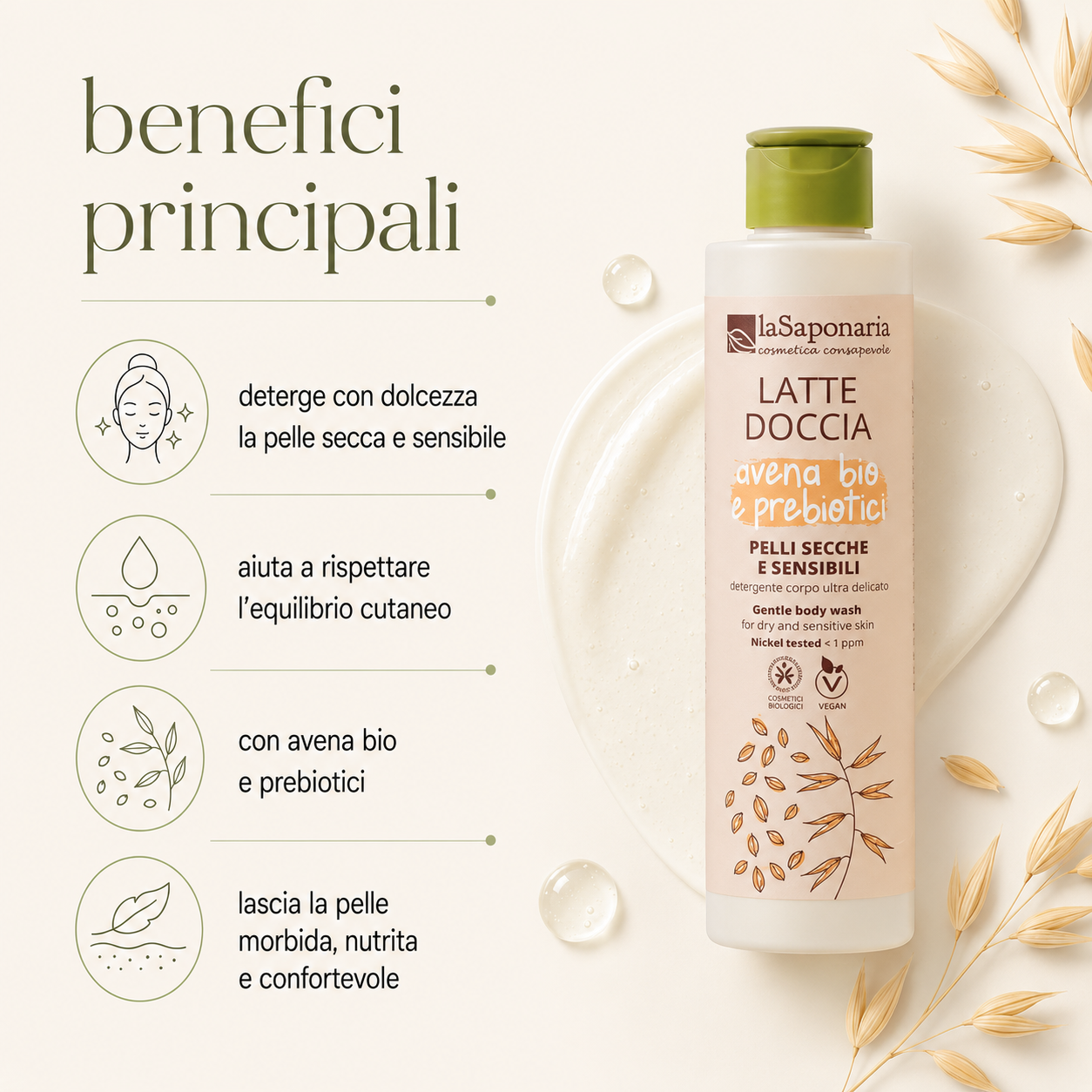 La Saponaria – Latte Doccia per Pelli Secche e Sensibili - Avena Bio e Probiotici - immagine 2